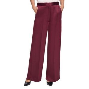 DKNY Womens Satin Mid Rise Wide Straight Leg Relaxed Casual Pants, Red, 10, DM